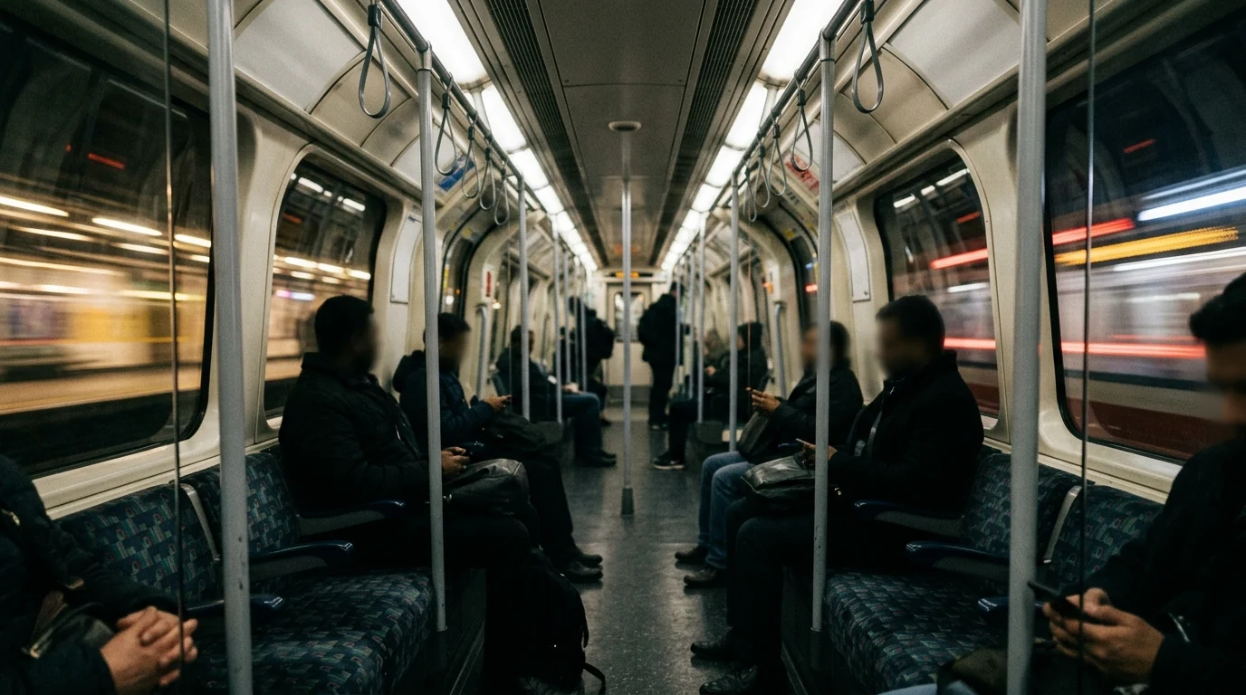 A motion-blurred interior of a London subway car.