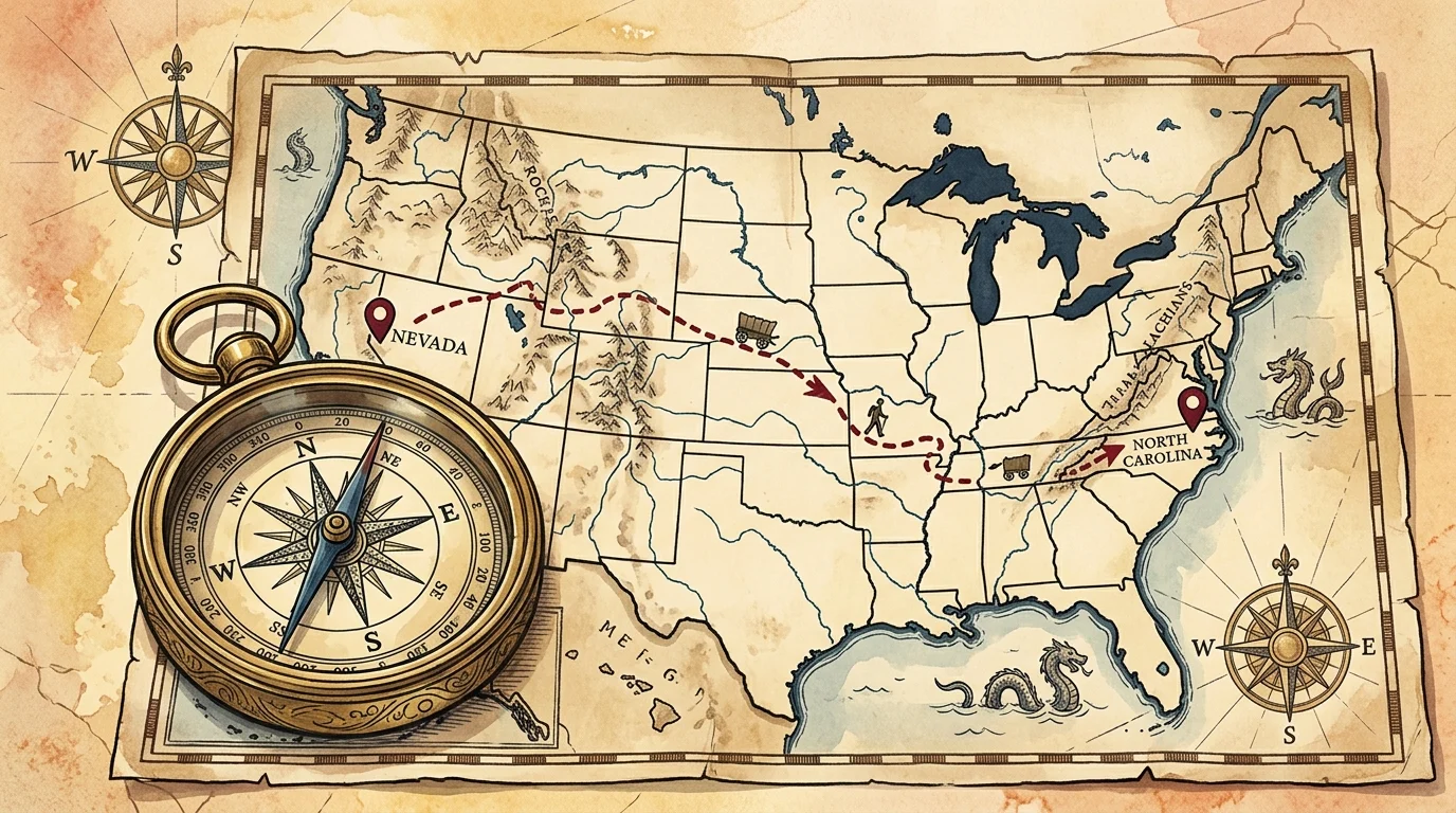 A conceptual map showing a long-distance connection between two states.