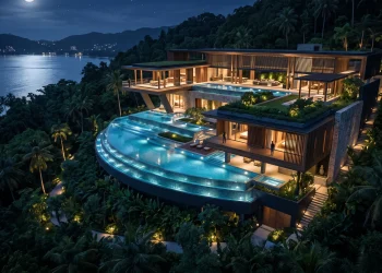 A conceptual digital art piece of a luxury modern mansion with bright blue pool lighting.