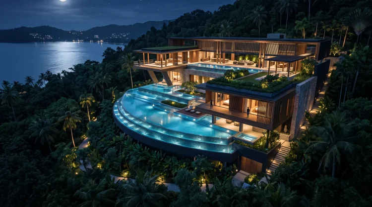 A conceptual digital art piece of a luxury modern mansion with bright blue pool lighting.