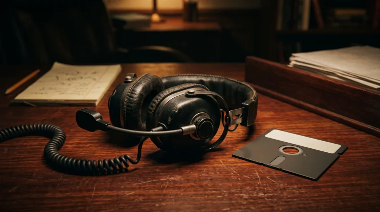A vintage football headset and an early computer disk representing the transition from coaching to gaming.
