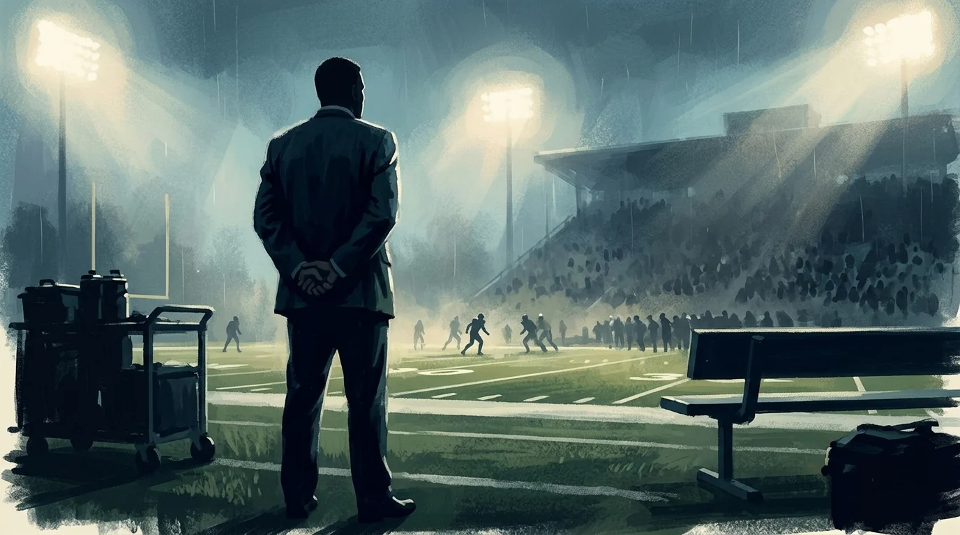 A silhouette of a football coach on the sidelines under stadium lights.