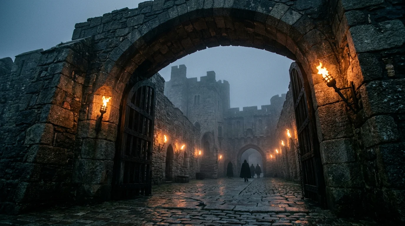 A conceptual stone archway representing a magical school entrance.