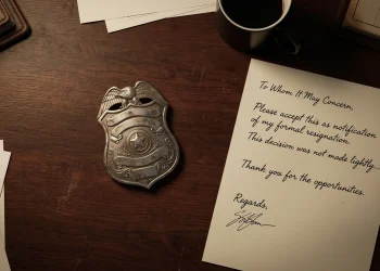 A conceptual image of a police badge and a handwritten note on a dark desk.
