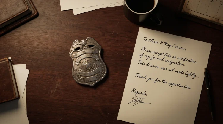 A conceptual image of a police badge and a handwritten note on a dark desk.