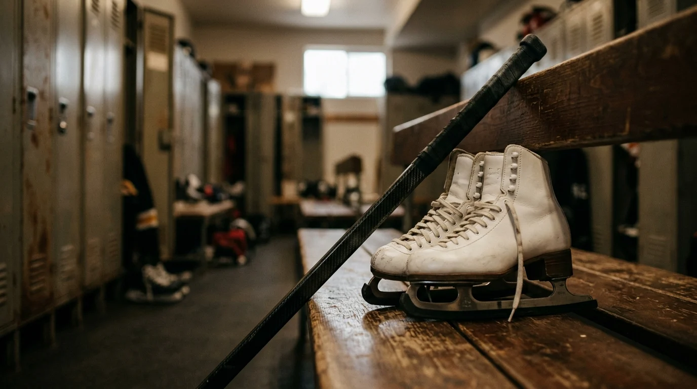 A hockey stick and figure skates in a locker room setting.