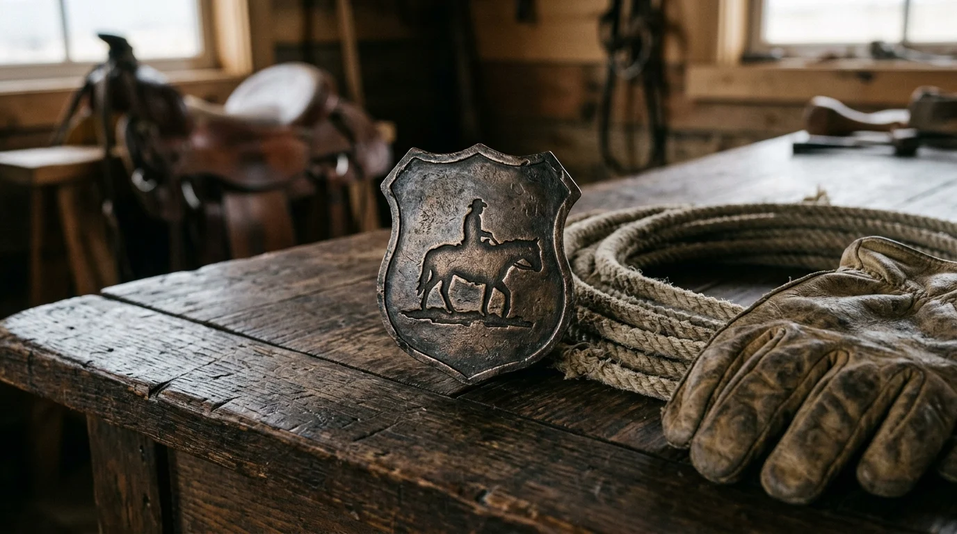 A law enforcement badge and ranching gear on a wooden surface.