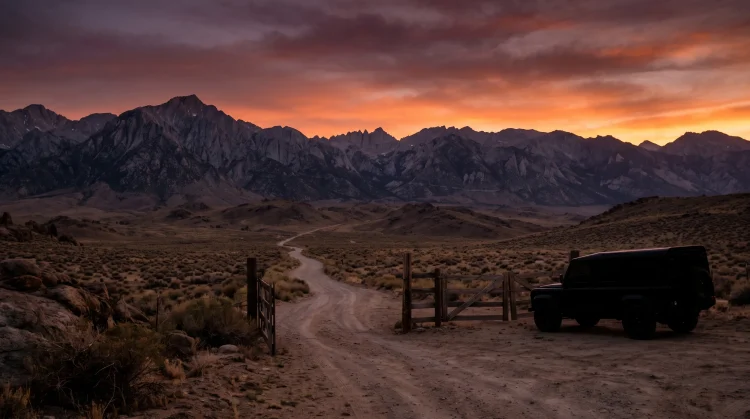 A silhouetted vehicle near a ranch gate at sunset in a mountainous landscape.