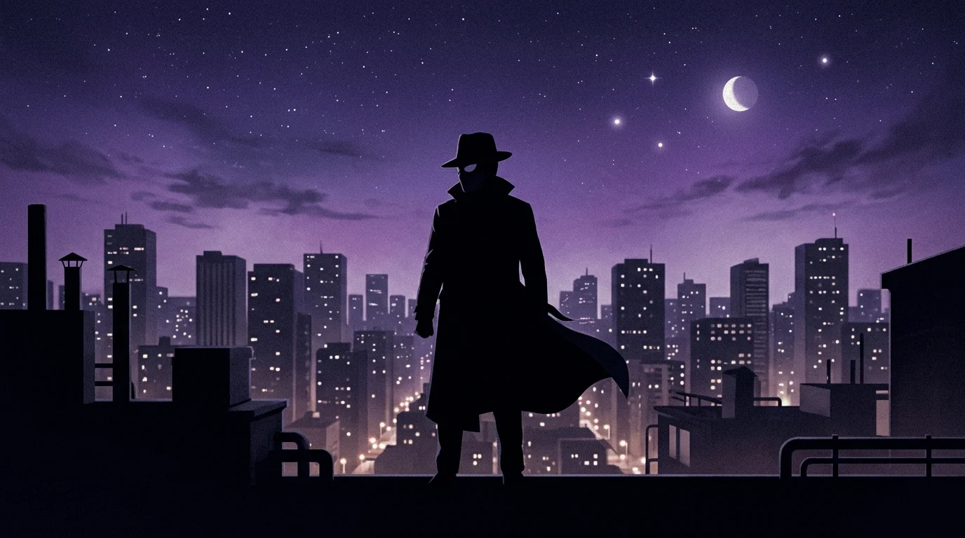 Conceptual silhouette of a masked hero overlooking a stylized city.