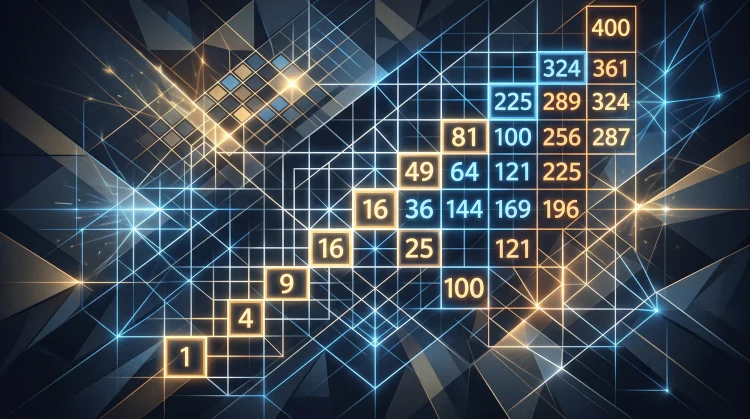 Conceptual illustration of mathematical numbers and geometric grid patterns.