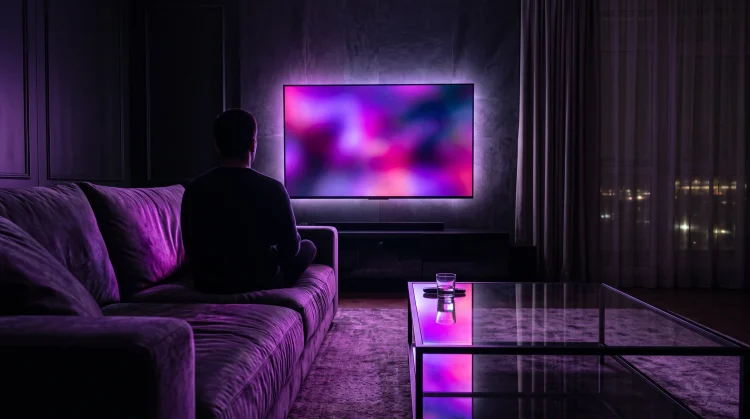Conceptual image of a dimly lit modern living room with atmospheric television lighting.