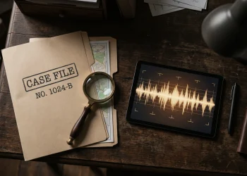 Conceptual image of a detective's desk with a case file and magnifying glass.