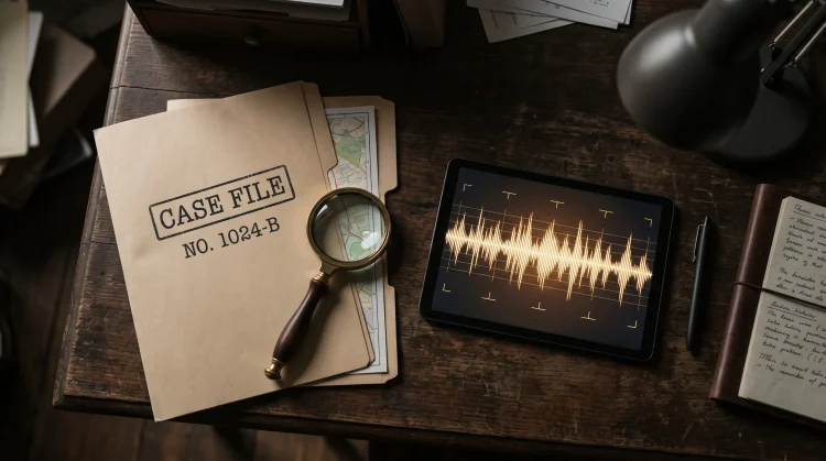 Conceptual image of a detective's desk with a case file and magnifying glass.