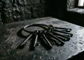 A close-up of heavy iron prison keys on a steel surface.