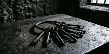 A close-up of heavy iron prison keys on a steel surface.