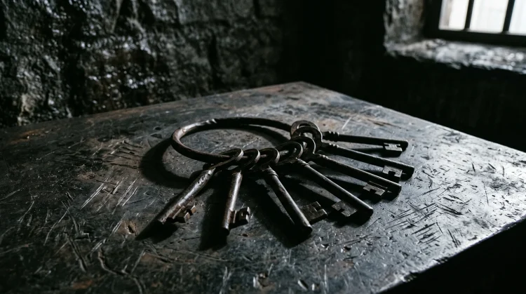 A close-up of heavy iron prison keys on a steel surface.