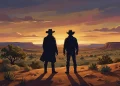Conceptual silhouettes of two men in a Texas landscape.