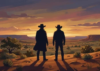 Conceptual silhouettes of two men in a Texas landscape.