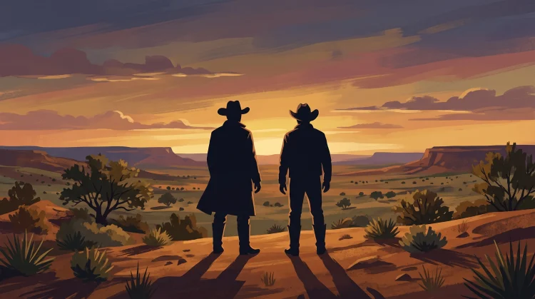 Conceptual silhouettes of two men in a Texas landscape.