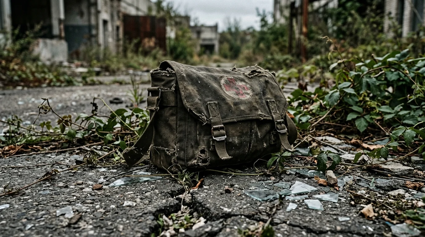 A discarded medical courier bag on a ruined city street.