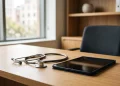 A clean medical office desk with a stethoscope and tablet representing a modern medical drama setting