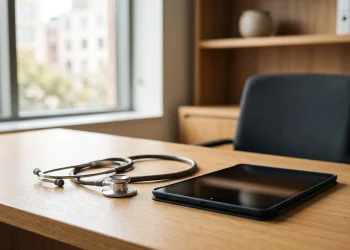 A clean medical office desk with a stethoscope and tablet representing a modern medical drama setting