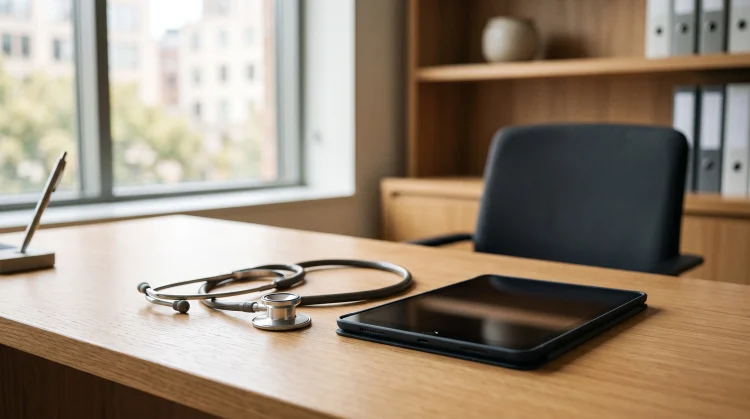 A clean medical office desk with a stethoscope and tablet representing a modern medical drama setting