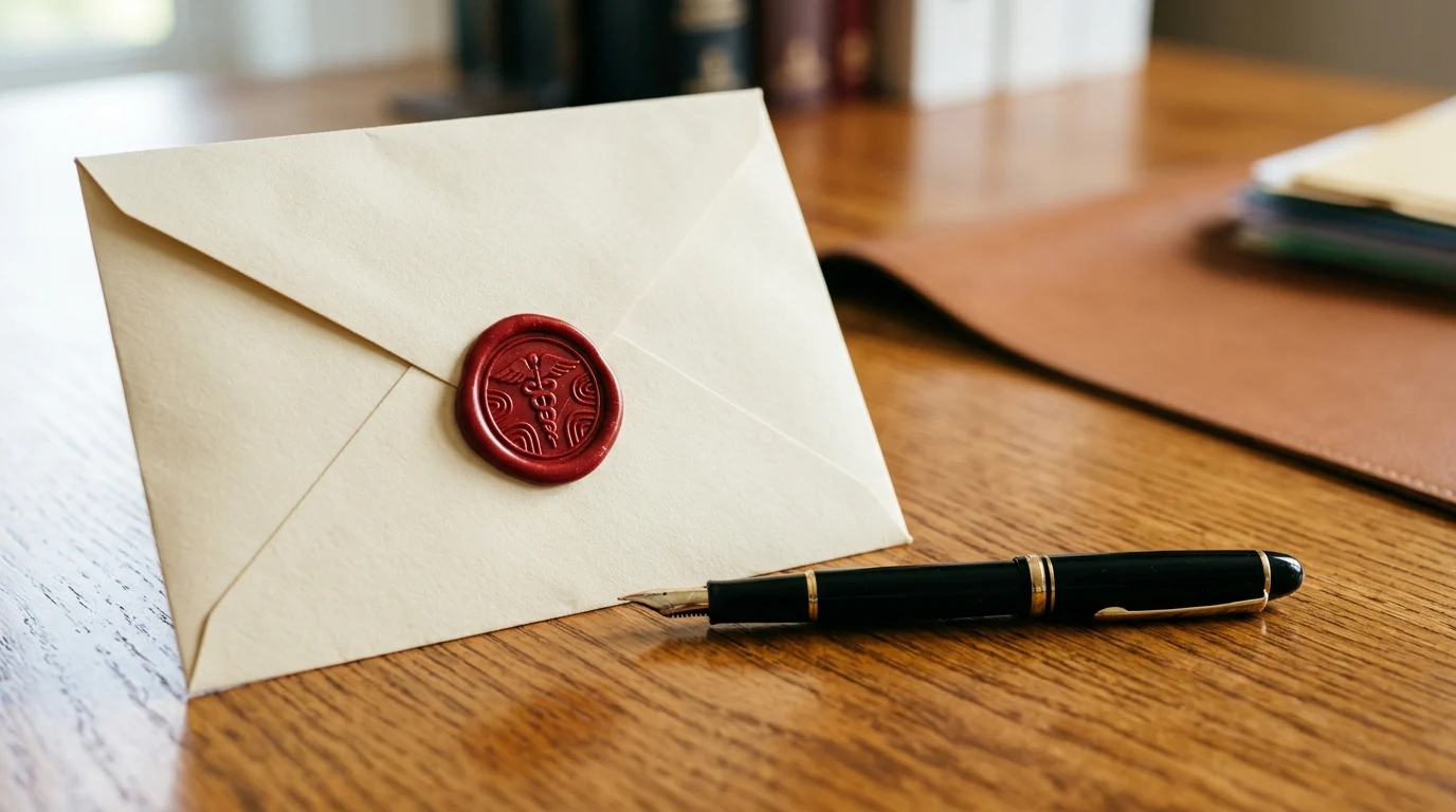 A medical envelope and pen representing an official report.