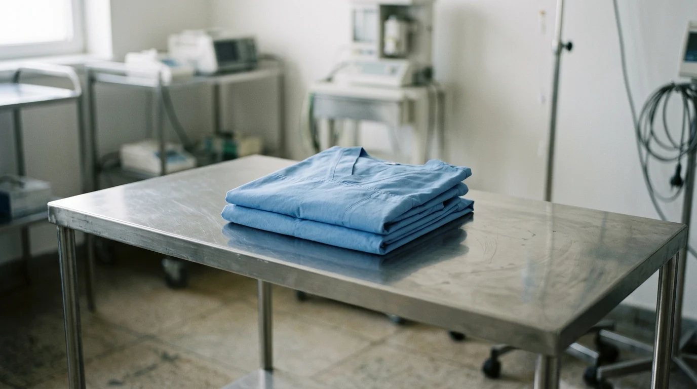 Blue surgical scrubs resting on a metal medical table.