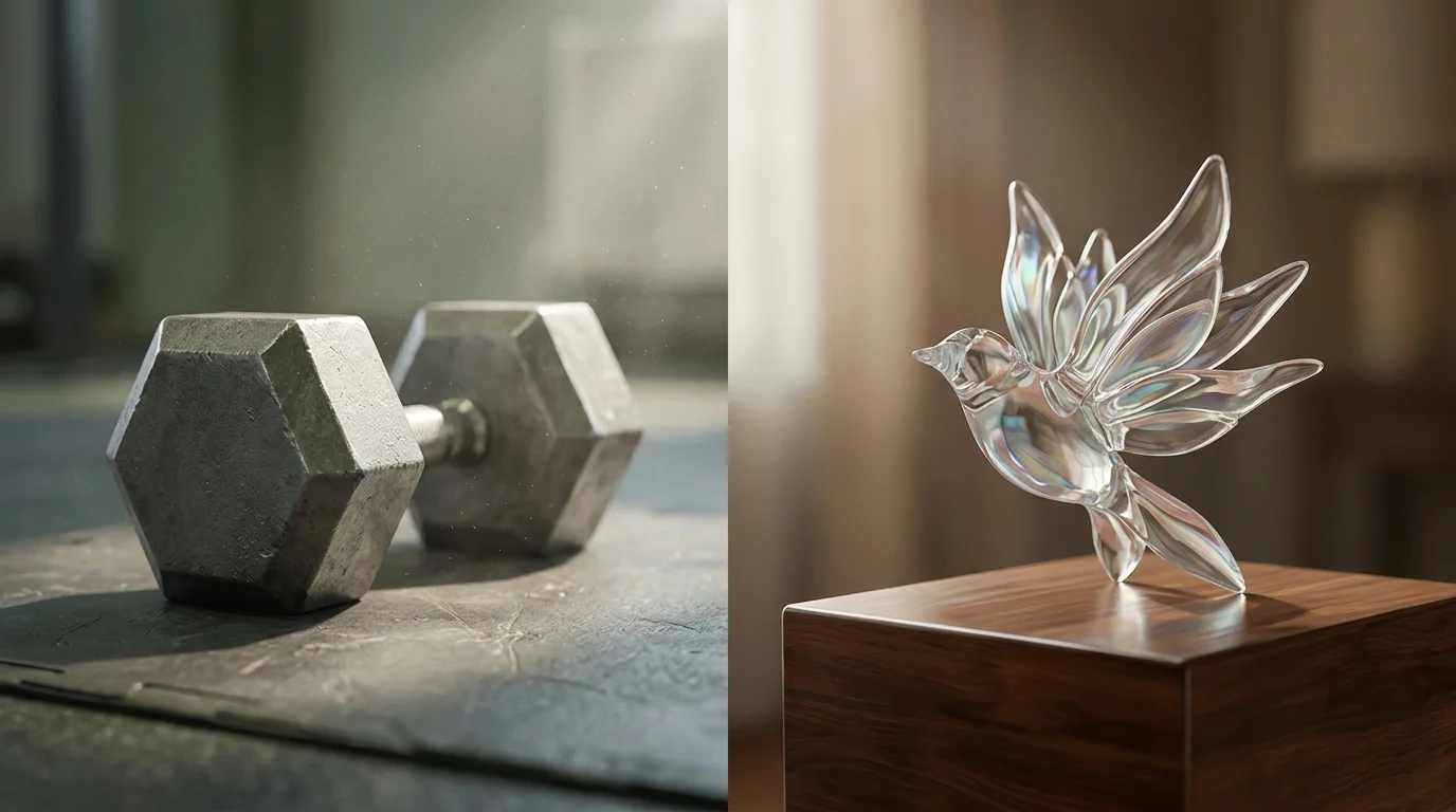 A conceptual comparison of a heavy weight and a glass sculpture representing strength and vulnerability.