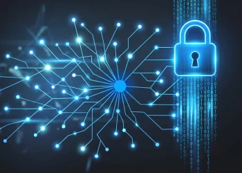 A conceptual digital visualization of AI security and data protection.