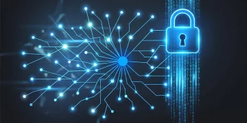 A conceptual digital visualization of AI security and data protection.