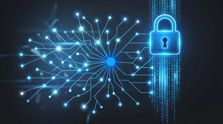 A conceptual digital visualization of AI security and data protection.