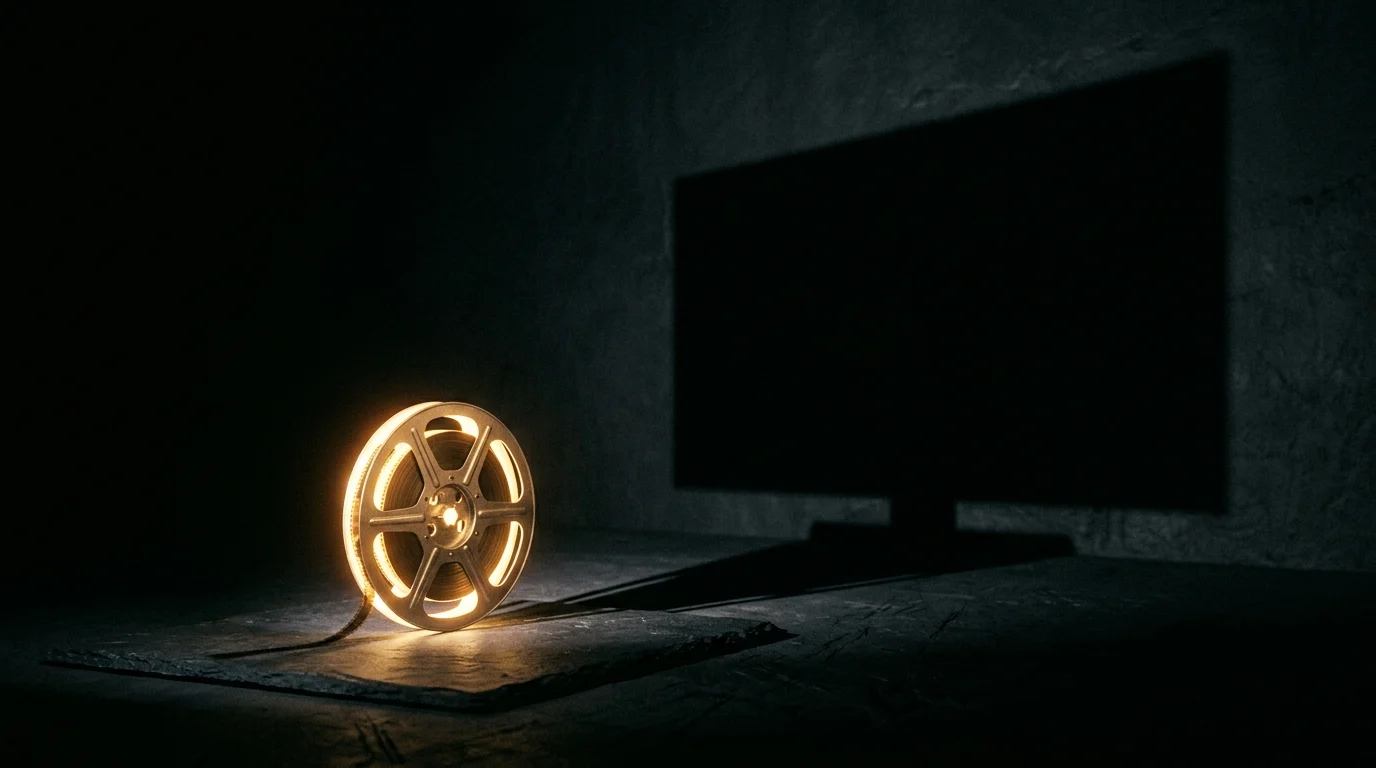 A film reel casting a large shadow on a dark background.
