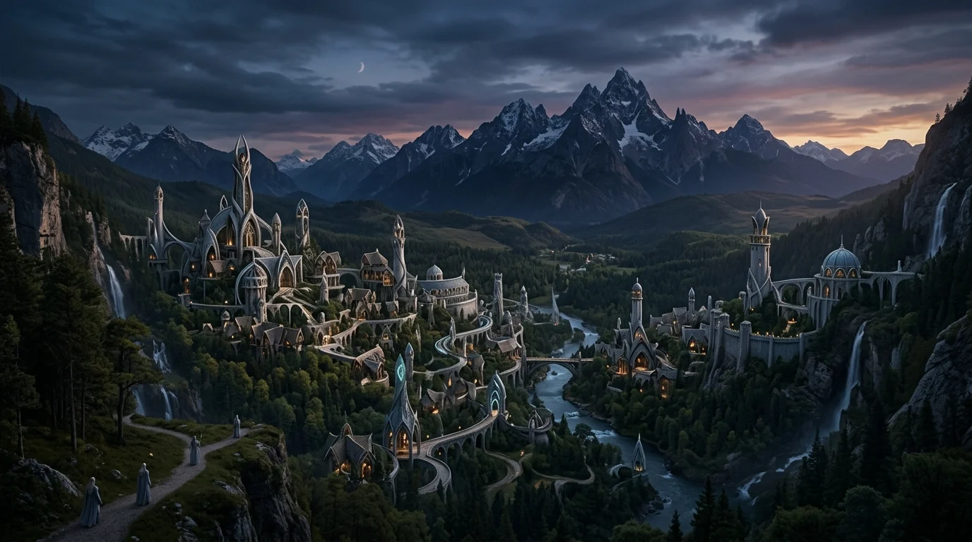 A conceptual landscape of an ancient fantasy city at dusk.