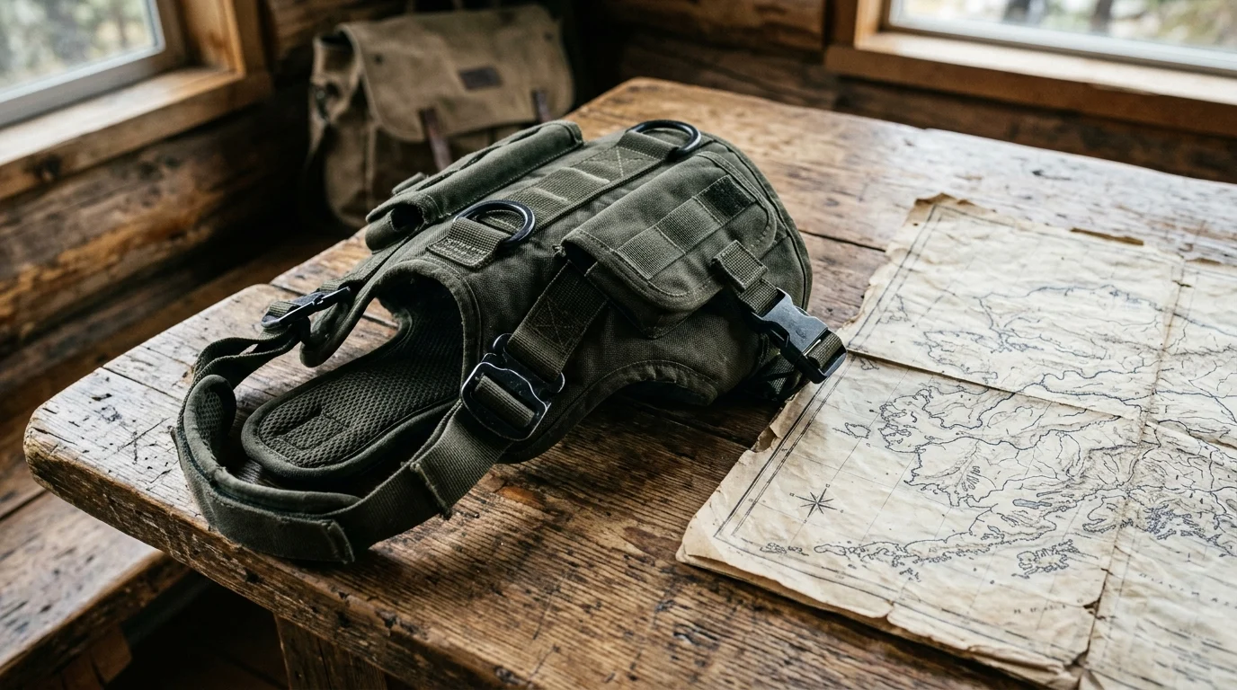 Tactical dog gear and a wilderness map on a wooden surface.