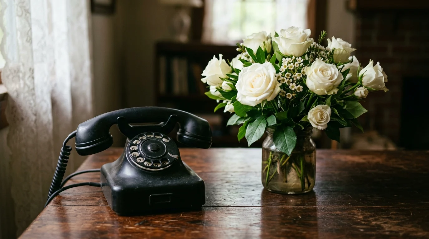 A silent vintage phone and white roses on a table.
