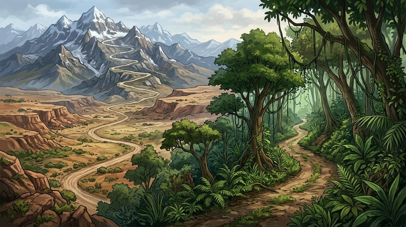 A conceptual map showing a linear progression through various hostile environmental levels.