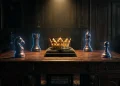 Conceptual image of a crown surrounded by tactical chess pieces.