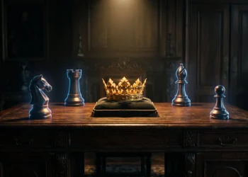 Conceptual image of a crown surrounded by tactical chess pieces.