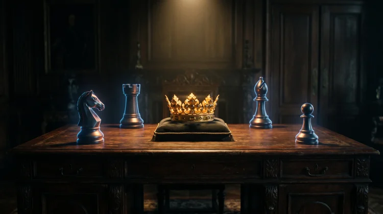 Conceptual image of a crown surrounded by tactical chess pieces.