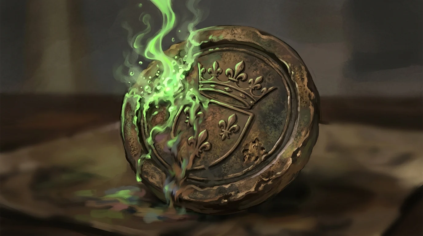 Stylized historical seal being dissolved by liquid.