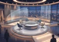 A conceptual view of a modern daytime television studio set with warm lighting.