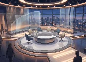 A conceptual view of a modern daytime television studio set with warm lighting.