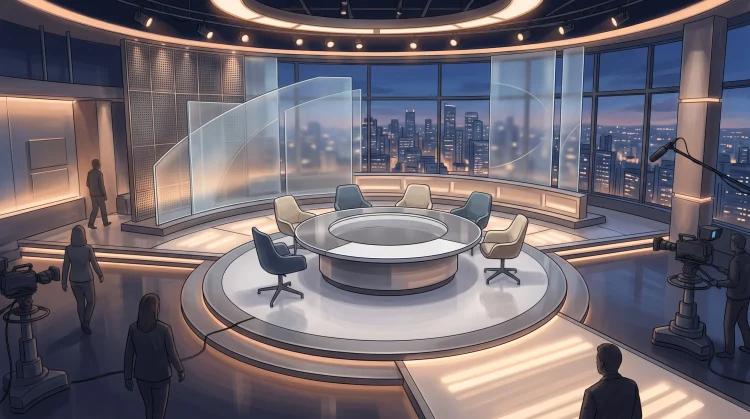 A conceptual view of a modern daytime television studio set with warm lighting.