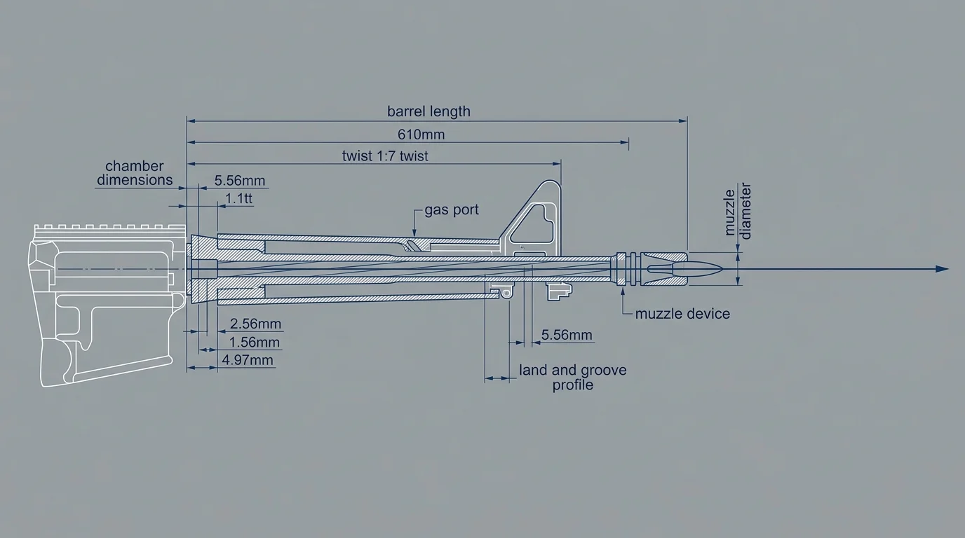 A technical diagram showing bullet trajectory emerging directly from a rifle barrel.