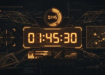 A digital countdown timer display on a tactical military heads-up interface.