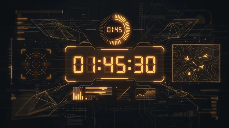 A digital countdown timer display on a tactical military heads-up interface.