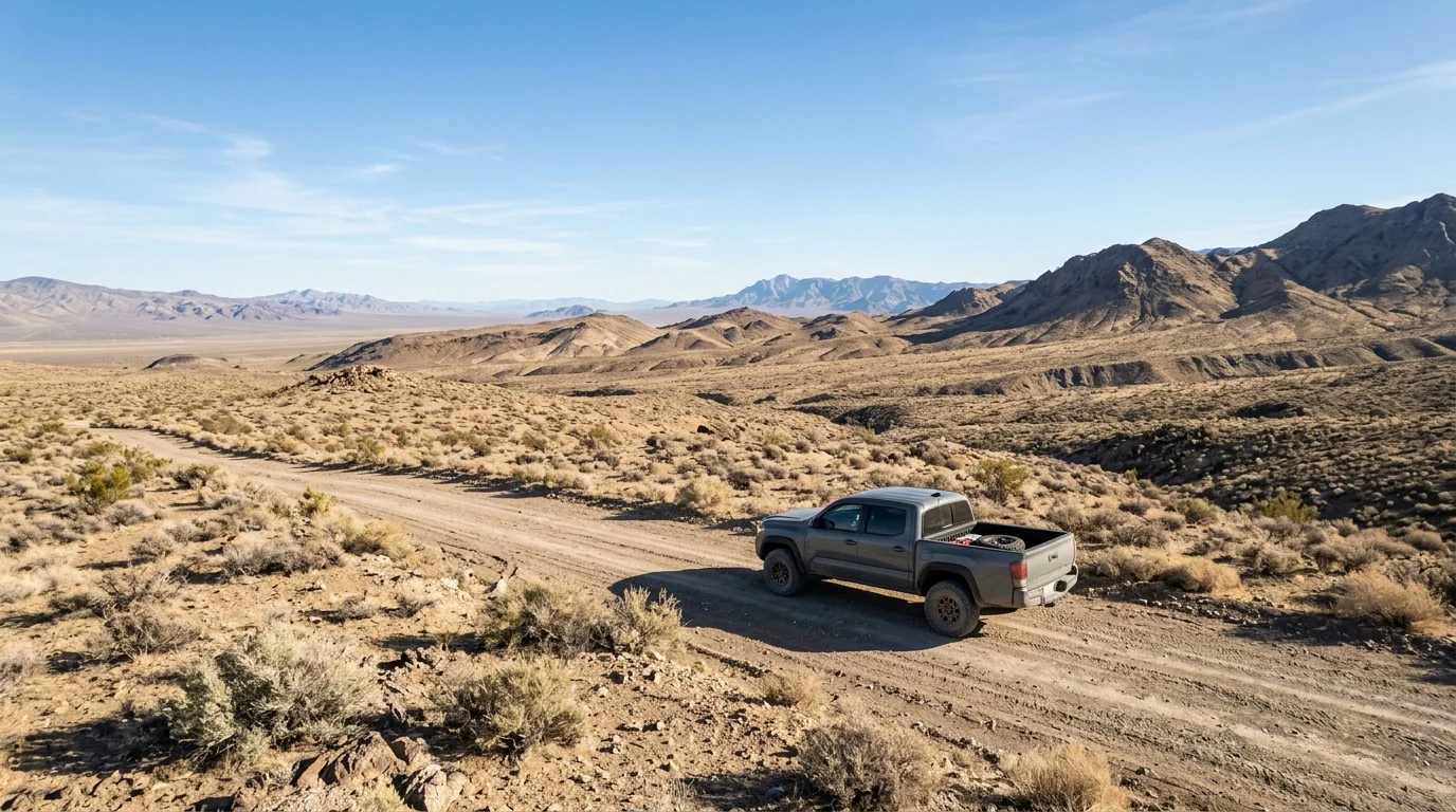 A truck on a lonely desert road.