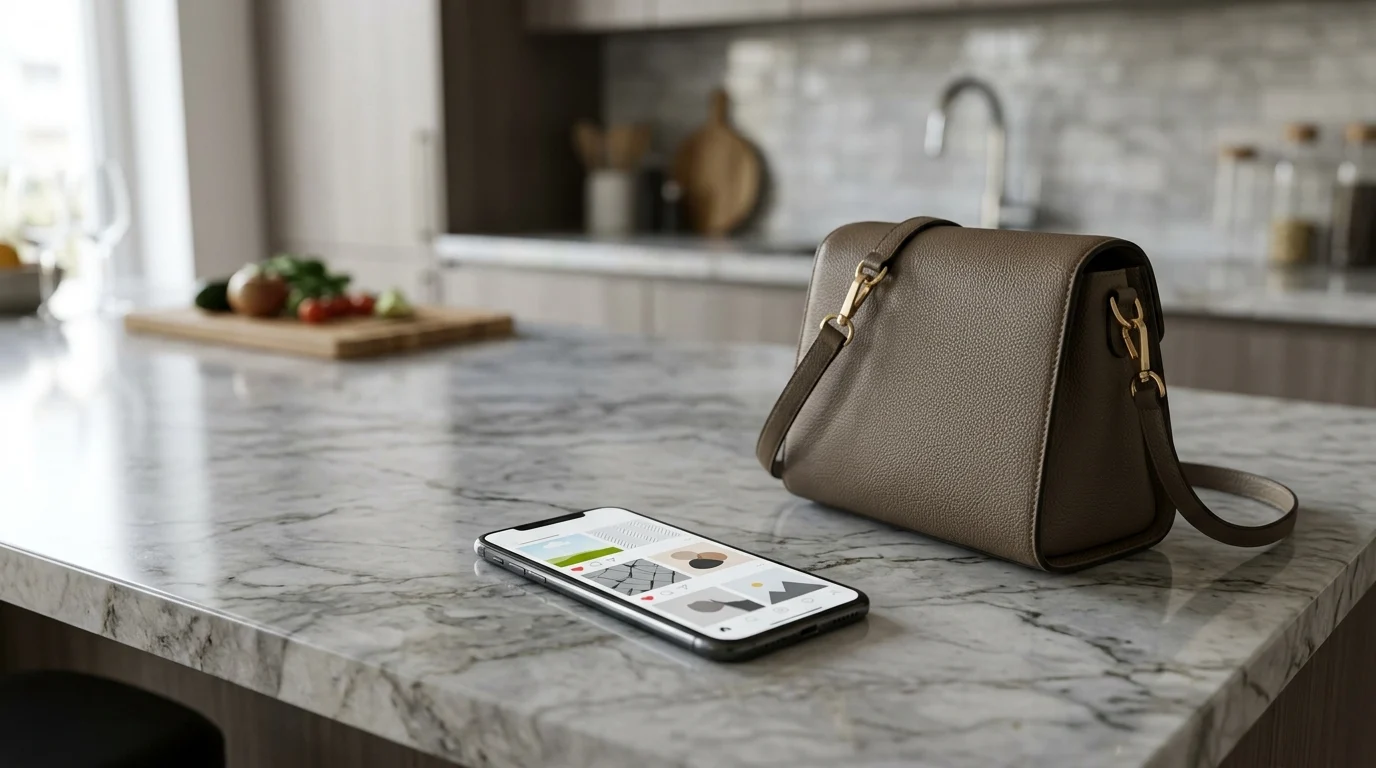 A smartphone showing social media content on a kitchen counter.